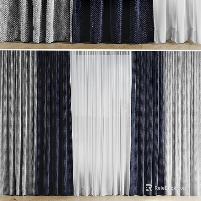 Elegant Modern Curtains with Blue White Gray Textured Design for Home Interior Styling 3d model 