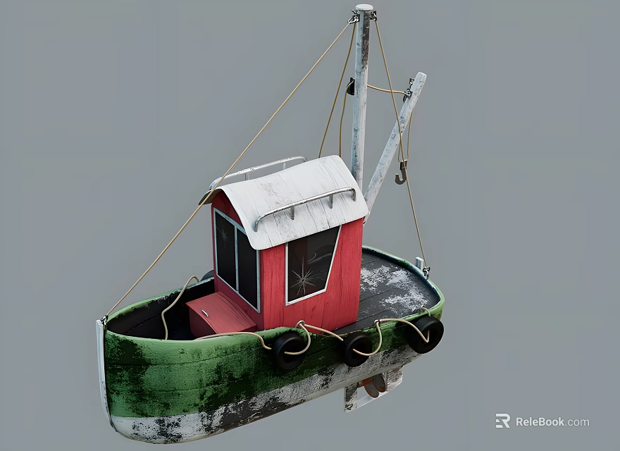Green and Red Yacht with White Cabin Worn Hull White Edges Ropes and Black Buoys 3d model 