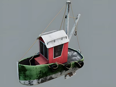 Green and Red Yacht with White Cabin Worn Hull White Edges Ropes and Black Buoys 3d model