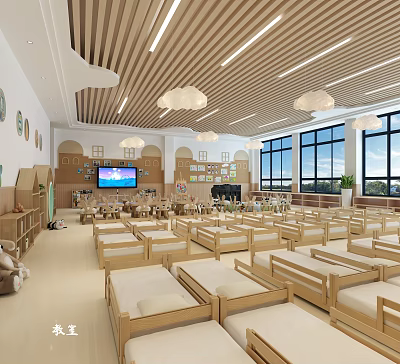 Kindergarten Bright Spacious Room With Wooden Beds TV Windows Decorations And Ceiling Lights 3d model