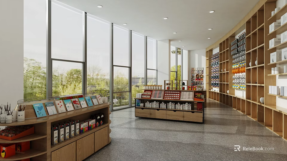 Spacious Retail Store Interior Featuring Large Glass Windows Green Plants Wooden Shelves Central Display Tables 3d model 