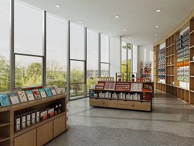 Spacious Retail Store Interior Featuring Large Glass Windows Green Plants Wooden Shelves Central Display Tables 3d model