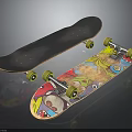 Two Skateboards With Black Deck And Colorful Graphic Design Yellow Wheels