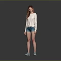 A woman wearing white long-sleeve top blue denim shorts light blue shoes against gray background