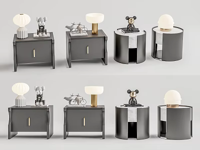 Modern Bedside Nightstands With Table Lamps Drawers And Decorative Figurines 3d model