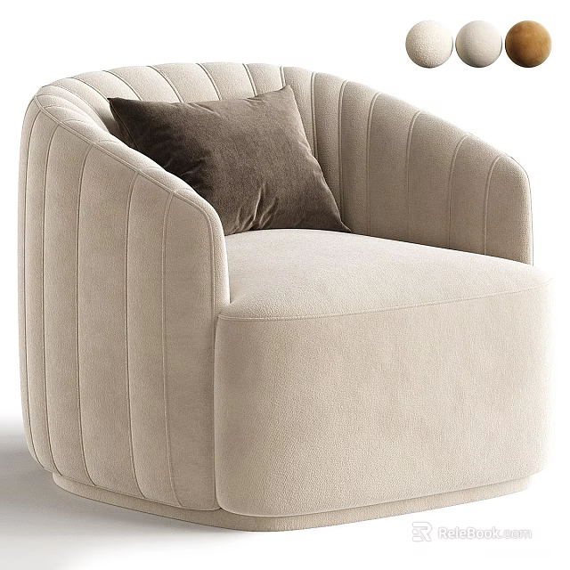 Velvet Beige Single Sofa With Curved Back Vertical Tufted Design And Brown Cushion 3d model 