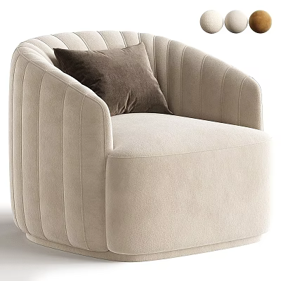 Velvet Beige Single Sofa With Curved Back Vertical Tufted Design And Brown Cushion 3d model