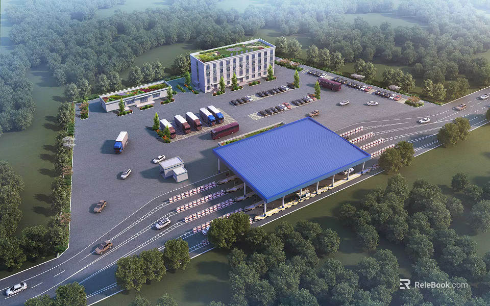 Modern Industrial Factory Complex Featuring Parking Lot Greenery And Access Roads With Vehicles 3d model 