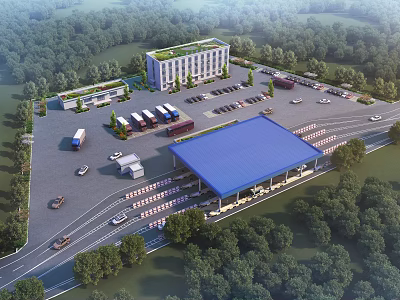 Modern Industrial Factory Complex Featuring Parking Lot Greenery And Access Roads With Vehicles 3d model