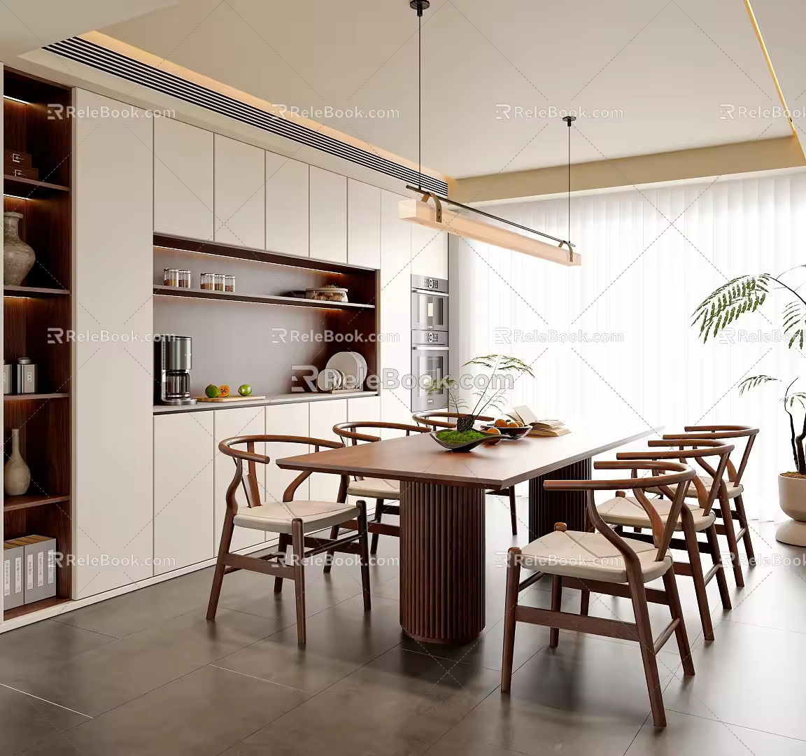New Chinese Song Style Restaurant Dining Table and Chair Combination Sideboard Floor Lamp Chandelier 3d model