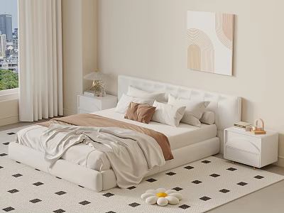 Modern White Double Bed in Bedroom with Nightstands Lamp Abstract Painting City View and Rug 3d model