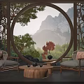 Carved Wooden Lounge Chairs With Mountain Landscape Circular Window Small Coffee Table And Red Plant
