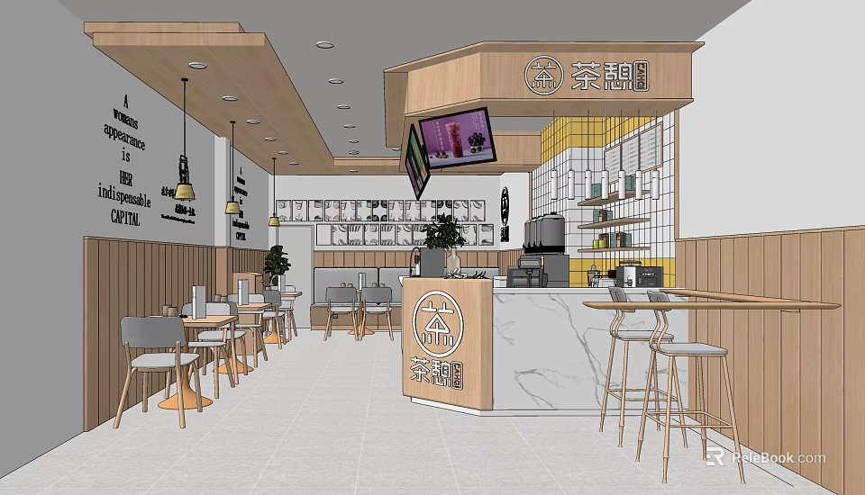 Bubble Tea Shop Interior With Wooden Decor Marble Bar Counter Hanging Lights And Tables 3d model 