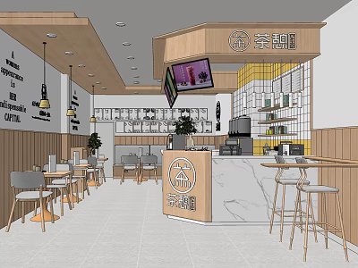 Bubble Tea Shop Interior With Wooden Decor Marble Bar Counter Hanging Lights And Tables 3d model
