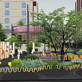 Scenic Urban Park Landscape With Lush Trees Greenery Walking Paths Colorful Structures And Building Backdrop