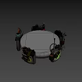 Tactical Weapons and Gear Display on White Circular Platform with Grenades Pouches and Signal Flares