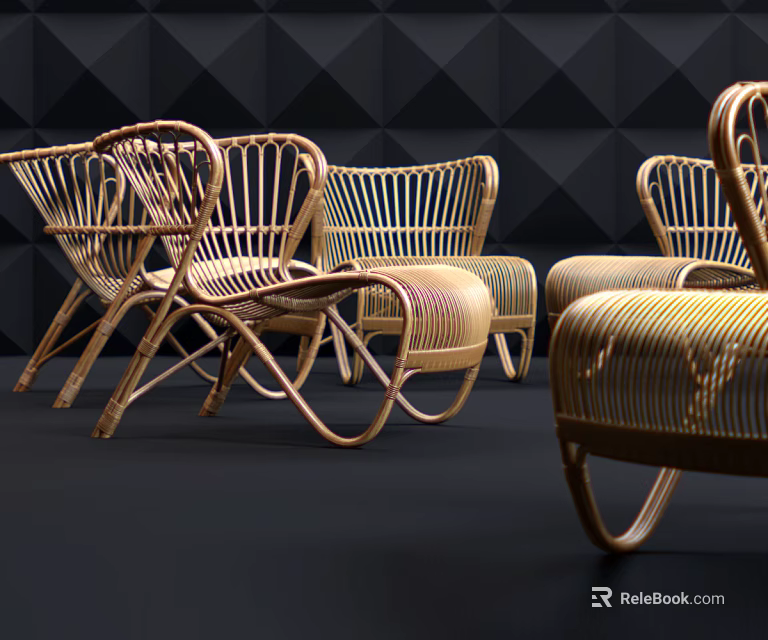 Modern Rattan Woven Leisure Chairs In Stylish Display With Dark Geometric Wall 3d model 
