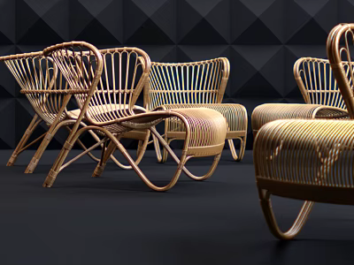 Modern Rattan Woven Leisure Chairs In Stylish Display With Dark Geometric Wall 3d model