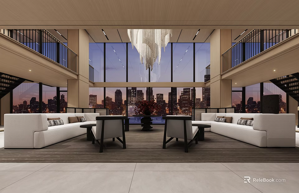Modern Lounge Area Interior With Large Windows City Skyline White Sofas Coffee Tables And Chandelier 3d model 