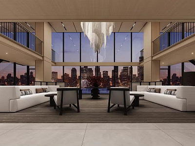 Modern Lounge Area Interior With Large Windows City Skyline White Sofas Coffee Tables And Chandelier 3d model