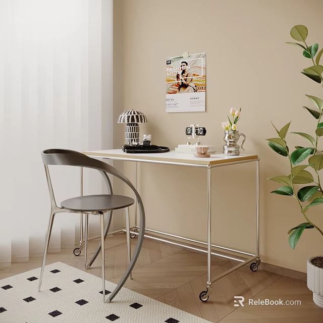 Modern Desk with Gray Chair Design Lamp Vase and Green Plant Near Wall Poster 3d model 