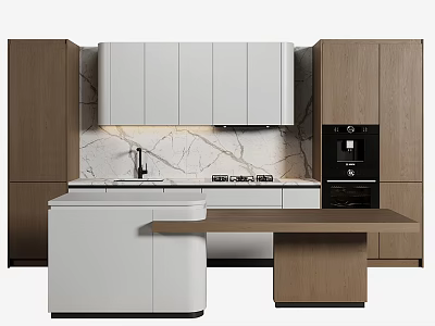 Modern Kitchen Interior Design With White And Wood Cabinets Marble Countertop And Island 3d model