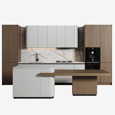 Modern Kitchen Interior Design With White And Wood Cabinets Marble Countertop And Island 3d model