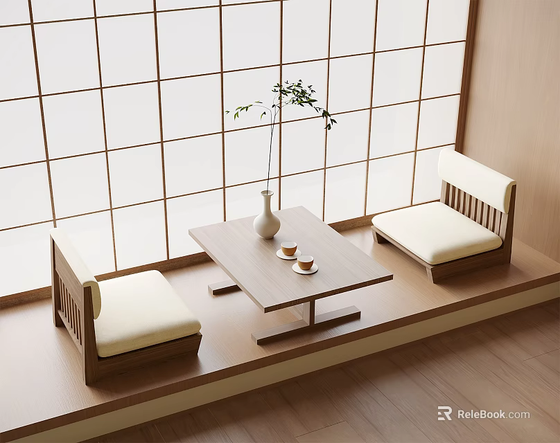 Japanese Wooden Tea Table and Chairs with Cushioned Seats Shoji Screen and Vase 3d model 