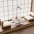 Japanese Wooden Tea Table and Chairs with Cushioned Seats Shoji Screen and Vase