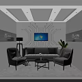 Modern Lounge Area With Comfortable Seating TV And Circuit Pattern Wall Decor 3d model