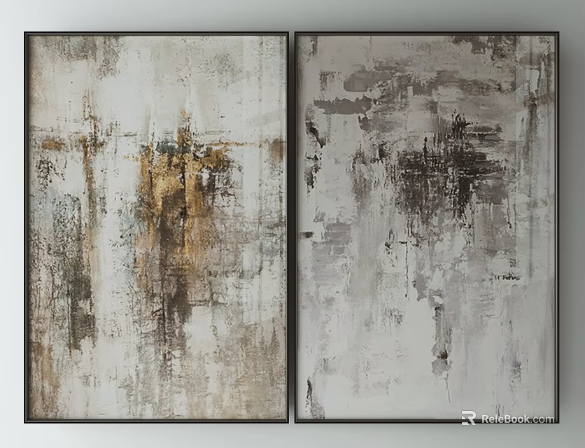 Modern Abstract Paintings With Gray Gold Brush Strokes And Black Frames 3d model