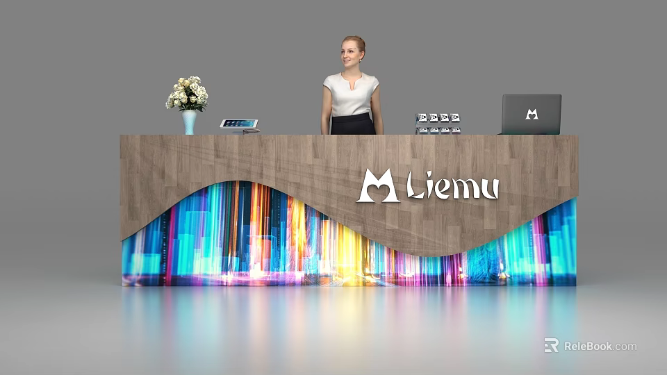 Stylish Wooden Reception Desk With Colorful Lights Liemu Logo Vase Tablet And Receptionist 3d model 