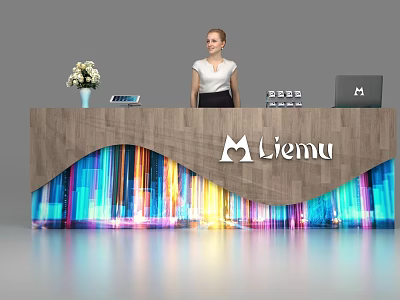 Stylish Wooden Reception Desk With Colorful Lights Liemu Logo Vase Tablet And Receptionist 3d model