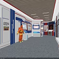 Fire Safety Experience Hall Interior With Central Red Blue Exhibition Column Firefighter Model And Screens