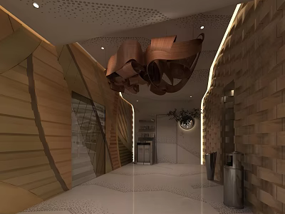 Modern Elegant Elevator Hallway With Wooden Walls Geometric Decorations Circular Clock And Minimalist Floor 3d model