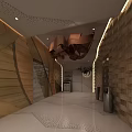 Modern Elegant Elevator Hallway With Wooden Walls Geometric Decorations Circular Clock And Minimalist Floor