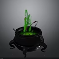 Black Cauldron With Green Flame Red Hook And Decorative Legs