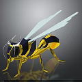 Yellow And Blue Striped Wasp With Light Colored Wings On Dark Background Geometric Design Reflection