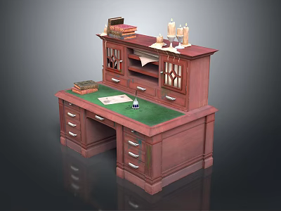 Mahogany Wooden Desk With Green Writing Top And Drawers Featuring Books Candles And Ink Bottle 3d model
