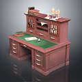 Mahogany Wooden Desk With Green Writing Top And Drawers Featuring Books Candles And Ink Bottle