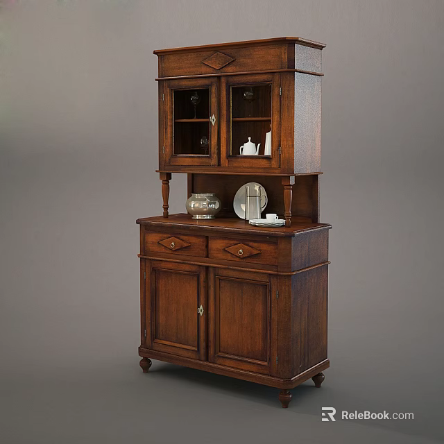 Traditional Wooden Sideboard Featuring Glass Cabinet Top Drawers And Decorative Plates 3d model 