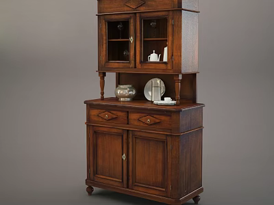 Traditional Wooden Sideboard Featuring Glass Cabinet Top Drawers And Decorative Plates 3d model