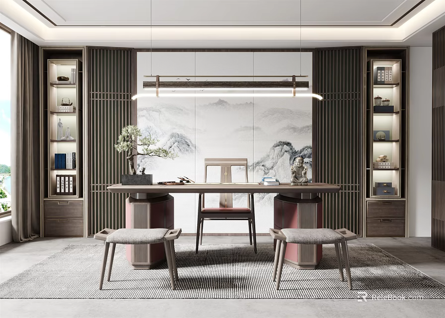 Traditional Chinese Study Room Interior With Bookshelves Writing Desk Landscape Backdrop Pendant Light And Greenery 3d model 