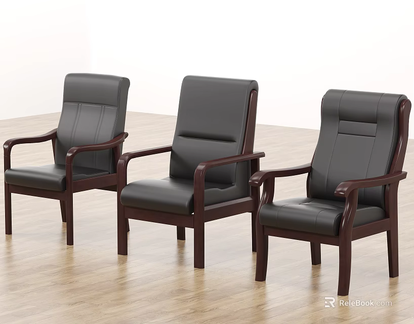 Three Black Leather Office Chairs With Wooden Armrests And Legs For Office Use 3d model 