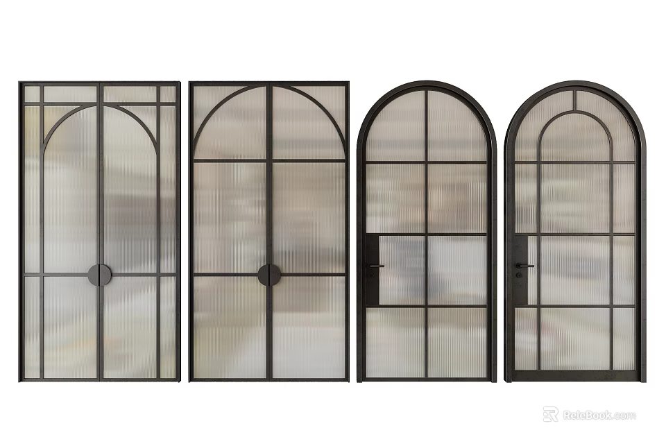Set Of Modern Arched Glass Doors With Black Frames And Textured Panels 3d model 