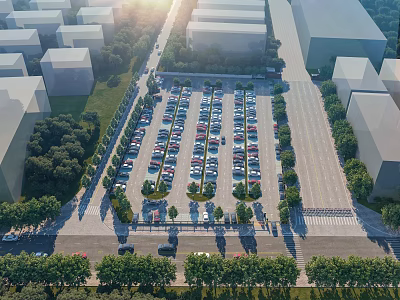 Aerial View of Urban Parking Lot With Rows of Cars Buildings and Trees 3d model