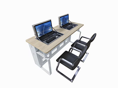 Office Desk With Two Laptops And Black Chair Wooden Top White Frame 3d model