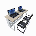 Office Desk With Two Laptops And Black Chair Wooden Top White Frame