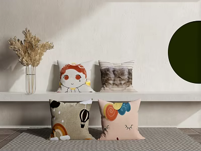 Colorful Decorative Pillows With Cartoon Animal Rainbow And Cloud Patterns On White Shelf 3d model