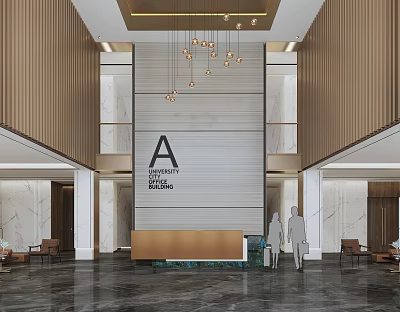 Modern Lobby Reception Desk With Marble Wall Wooden Panels And Hanging Chandeliers 3d model